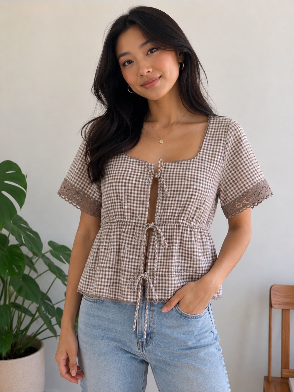 bagatelle Brown Gingham Tie-Front Peplum Blouse